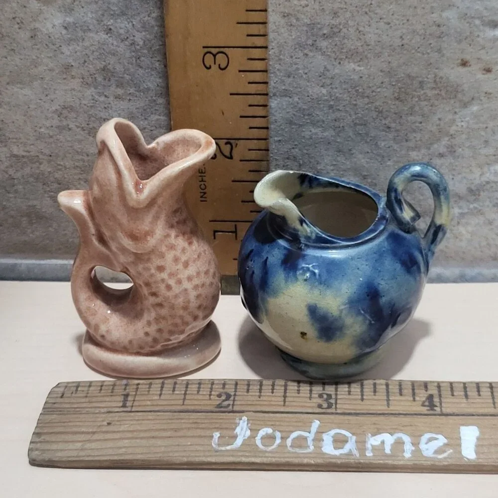Vintage Miniature Fish Shaped Blue Round Ceramic Pitcher Jugs Set of 2